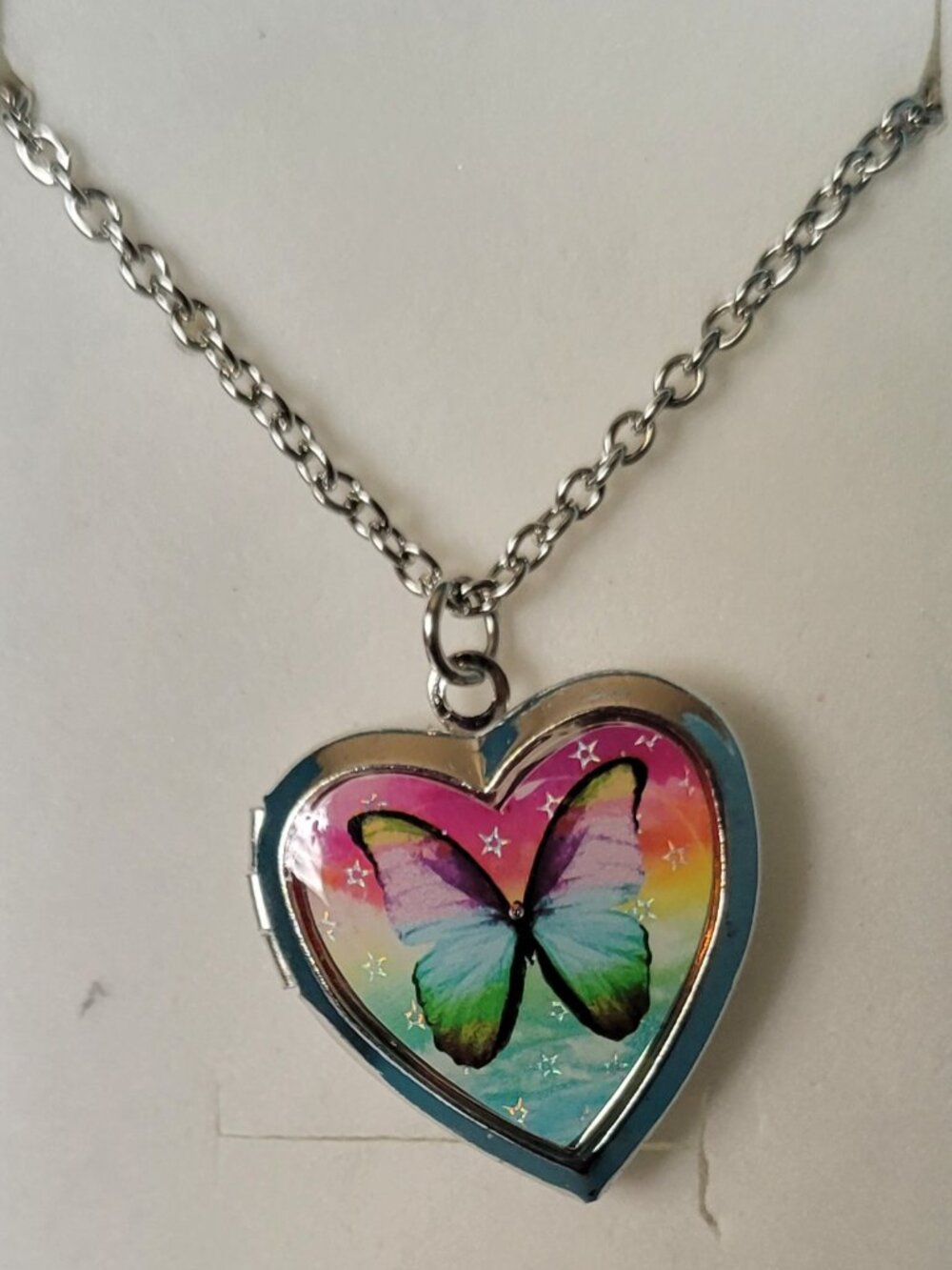 Silver Colorful Heart Shaped Butterfly Locket